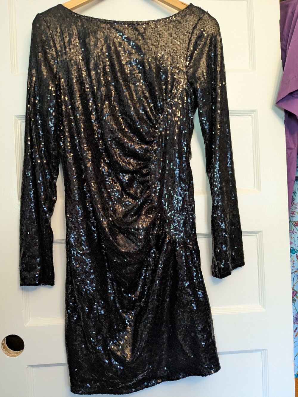 Ruched And Sequined Long-Sleeved Party Dress